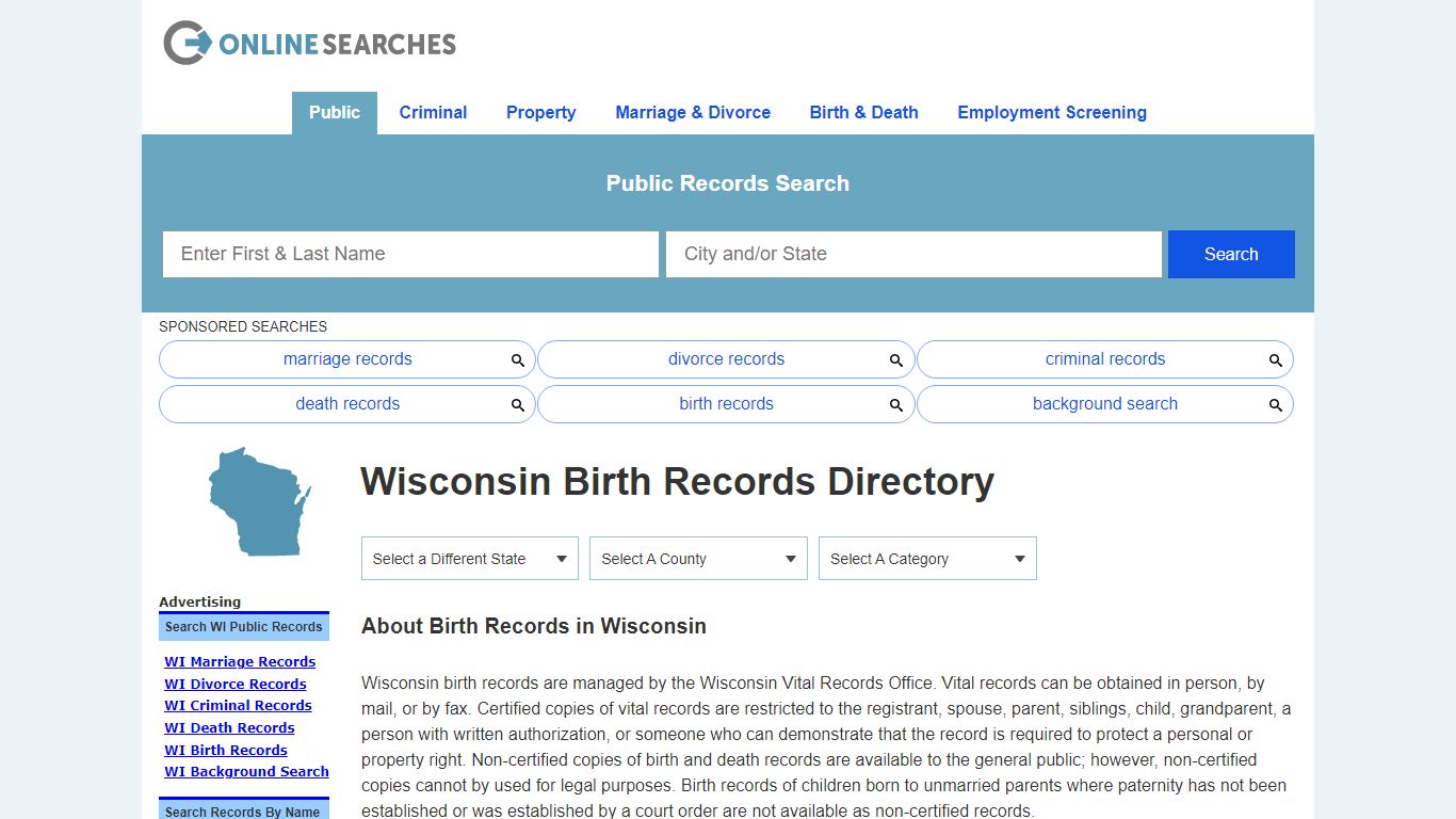 Wisconsin Birth Records Search Directory - OnlineSearches.com